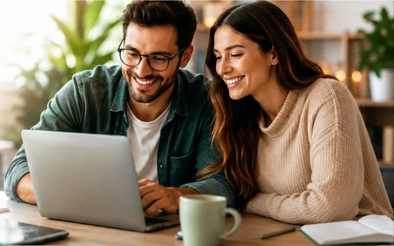 Casal planejando finanças no notebook