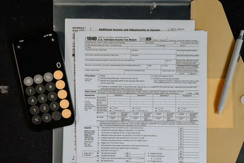 casal maduro brasileiro usando calculadora com documentos fiscais sobre “Estratégia prática: de informes a Receita Federal” com smartphone c